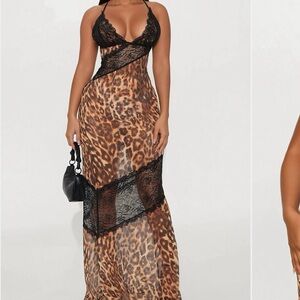 Fashion Nova Leopard Lace Chiffon Maxi Dress Size XS